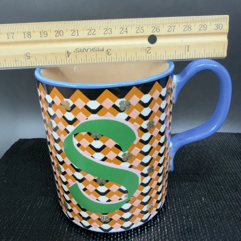 Anthropologie Bistro Tile Ceramic Coffee Mug Cup Monogram Letter S Shamrocks Mug